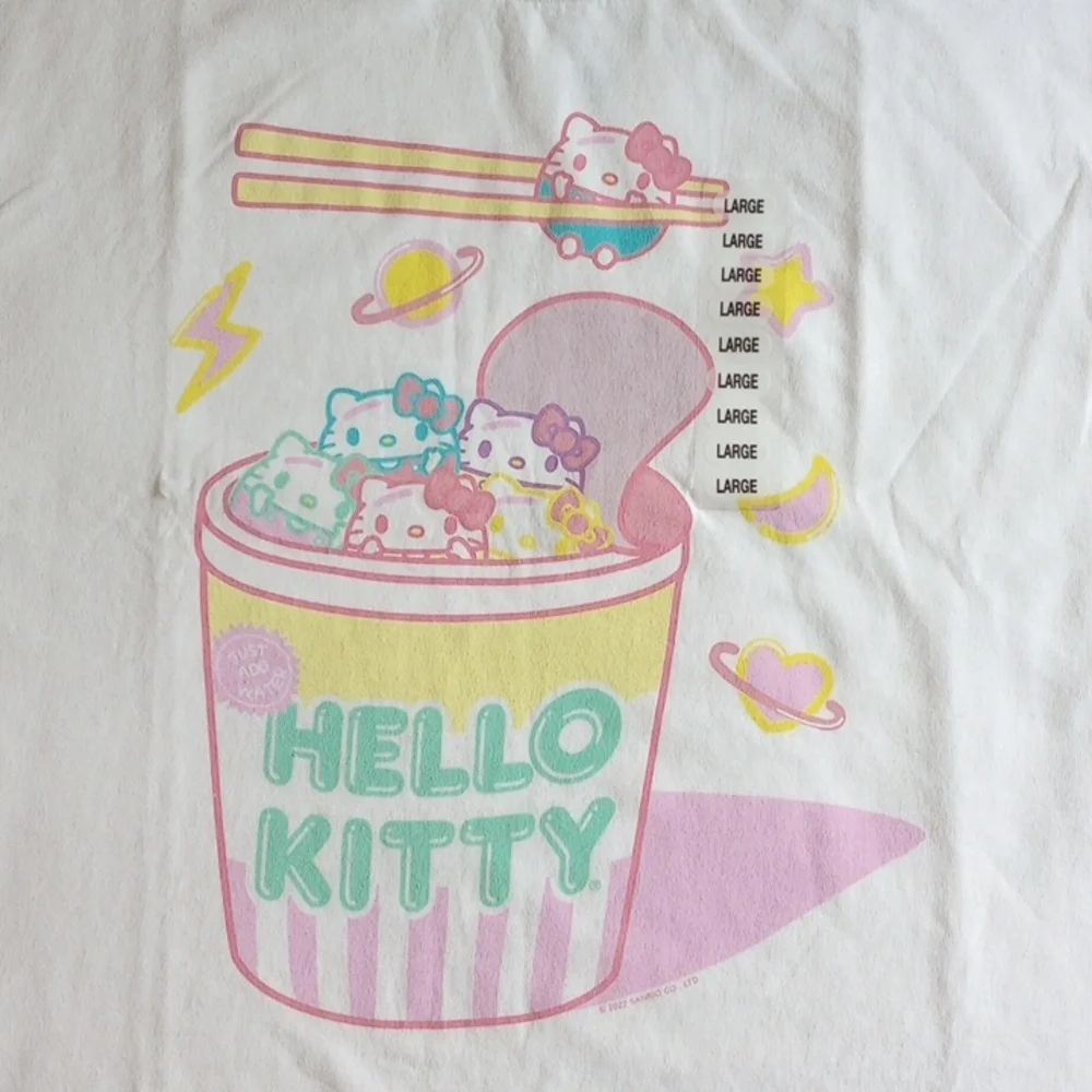 NWOT Hello Kitty Cotton T-shirt L Noodle Cup Chopsticks Sanrio Ripple Junction - Picture 2 of 5